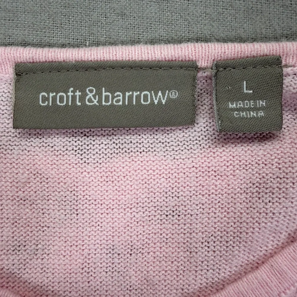 Croft‎ & Barrow Crochet Sweater Women L Good Pink V-Neck 3/4 Sleeve Knit Top